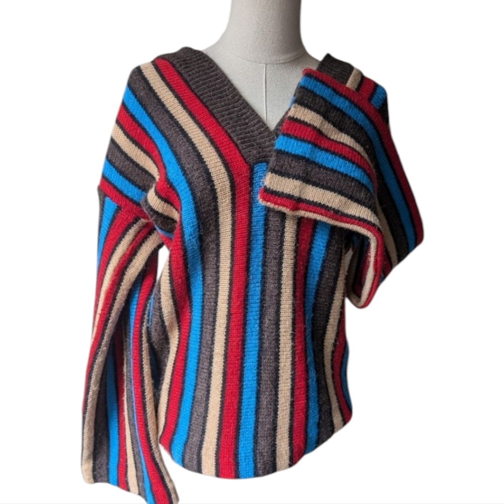 Vtg Italian Made Alpaca Wool Acrylic Virtical Striped V-Neck Sweater Bell Sleeve